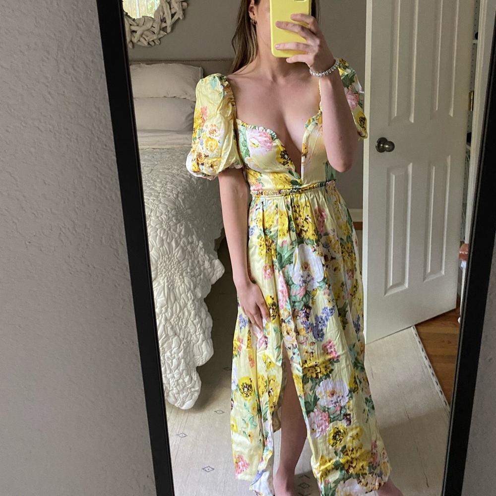 For Love and Lemons yellow floral midi dress
